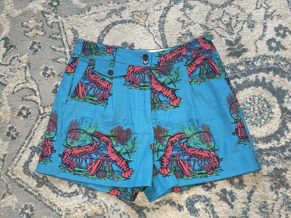 J Crew Womens 4 Lobster Print Shorts Blue Pink Cotton Chino Preppy Coastal